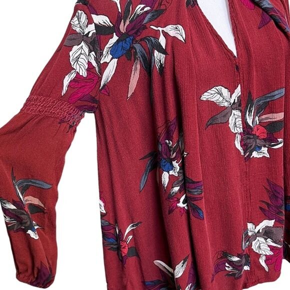Free People Maroon Floral Keyhole Neck Tunic Top Mini Dress Oversize Boho Blouse - Picture 3 of 6